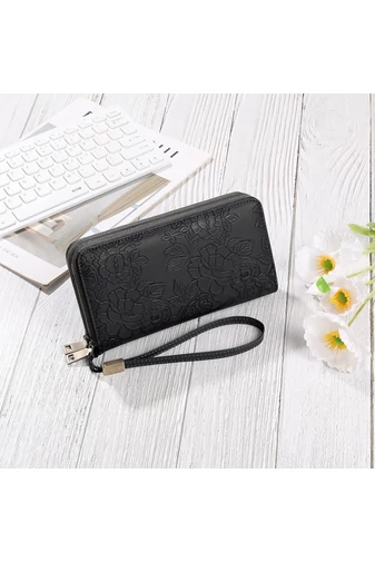 Portofel Damă Multifuncțional Negru Bonluo Din PU Cu Design Floral În Relief 19,5*11*5cm