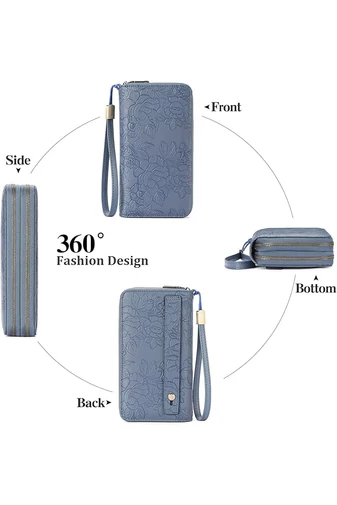 Portofel Damă Multifuncțional Albastru Bonluo Din PU Cu Design Floral În Relief 19,5*11*5cm