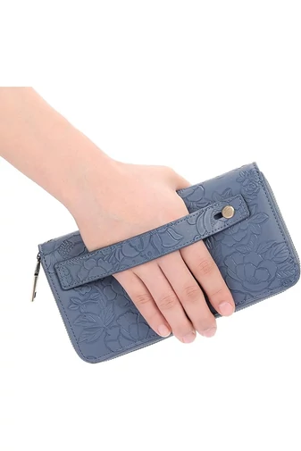Portofel Damă Multifuncțional Albastru Bonluo Din PU Cu Design Floral În Relief 19,5*11*5cm
