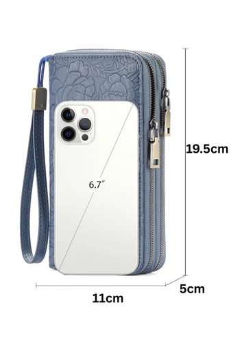 Portofel Damă Multifuncțional Albastru Bonluo Din PU Cu Design Floral În Relief 19,5*11*5cm
