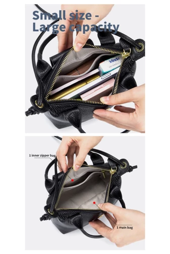 Geantă De Mana Din Piele Naturală Compactă Încăpătoare Neagră Bonluo Bretea Ajustabilă 13*19,5*7,5cm