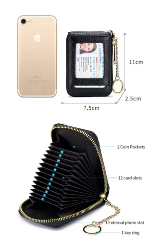 Suport Carduri Din Piele Naturală Cu Protecție RFID Negru Bonluo 11*7,5*2,5cm