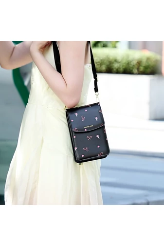 Geantă Crossbody Mini Din PU Negru Bonluo Cu Model Înflorat 19,5*13*5cm