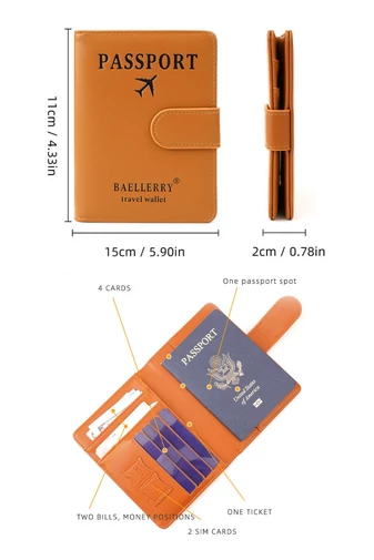 Suport Pentru Pasaport Din Piele PU Bonluo Maro Protecție RFID Și Închidere Cu Capsă 15*11*2cm