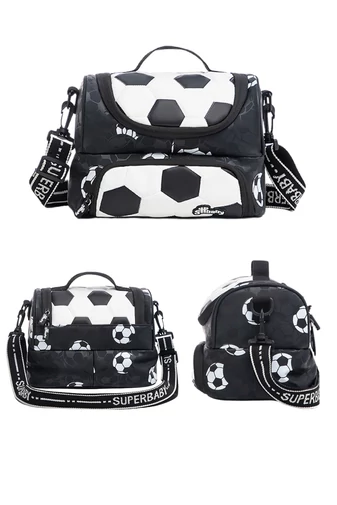 Geanta Crossbody Termoizolantă Pentru Copii Bonluo Negru Cu Model Fotbal Auriu Impermeabilă 18*25*16cm
