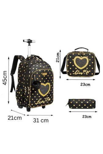 Set Rucsac Stil Troler Școlar Copii 3-în-1 Bonluo „Love Me” Geantă Termoizolantă Prânz & Penar Capacitate 20-35L