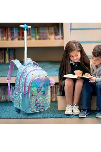 Set Rucsac Stil Troler Școlar Copii 3-în-1 Bonluo Sirena Geantă Termoizolantă Prânz & Penar Capacitate 20-35L