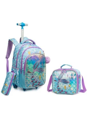 Set Rucsac Stil Troler Școlar Copii 3-în-1 Bonluo Sirena Geantă Termoizolantă Prânz & Penar Capacitate 20-35L