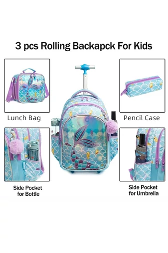 Set Rucsac Stil Troler Școlar Copii 3-în-1 Bonluo Sirena Geantă Termoizolantă Prânz & Penar Capacitate 20-35L