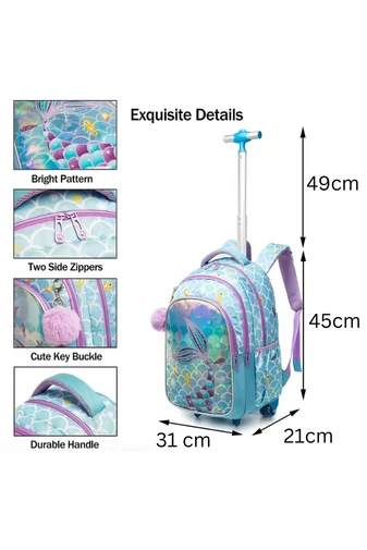 Set Rucsac Stil Troler Școlar Copii 3-în-1 Bonluo Sirena Geantă Termoizolantă Prânz & Penar Capacitate 20-35L