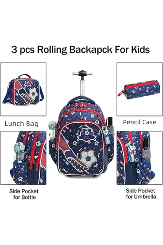 Set Rucsac Stil Troler Școlar Copii 3-în-1 Bonluo Cu Minge Geantă Termoizolantă Prânz & Penar Capacitate 20-35L