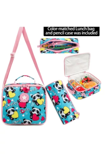  Set 3 în 1 Rucsac Rotile 16” Școlar Bonluo Pentru Copii Urs Panda Geantă De Prânz Și Penar Capacitate 20-35L