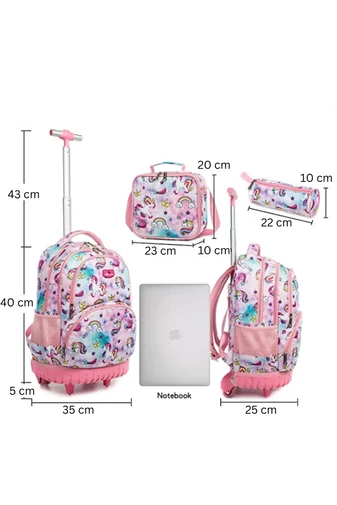 Set Ghizdan 3în1 Cu Roți Încorporate Bonluo Verde Model Avocado Cu Gentă De Pânz Și Penar 40*35*25cm