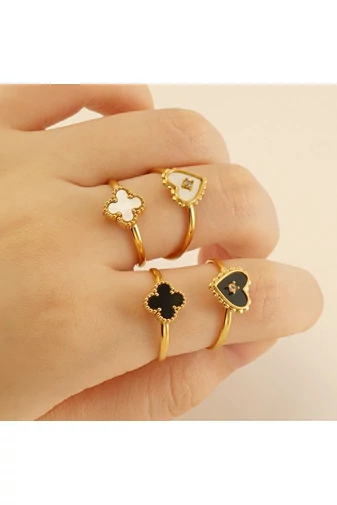 Inel Reglabil Din Oțel Inoxidabil Placat Cu Aur 18K Model Trifoi Elegant Negru