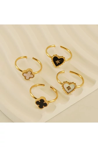 Inel Reglabil Din Oțel Inoxidabil Placat Cu Aur 18K Model Trifoi Elegant Negru