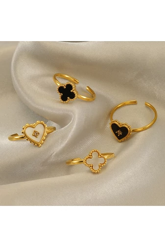 Inel Reglabil Din Oțel Inoxidabil Placat Cu Aur 18K Model Trifoi Elegant Negru