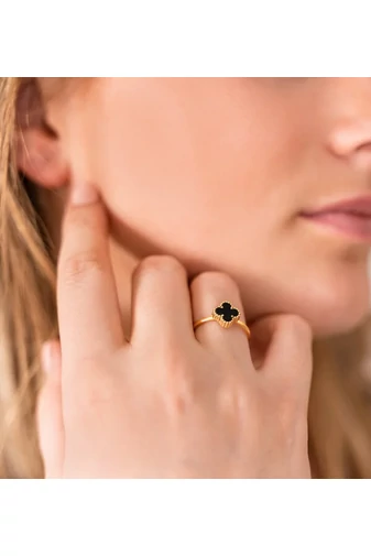 Inel Reglabil Din Oțel Inoxidabil Placat Cu Aur 18K Model Trifoi Elegant Negru