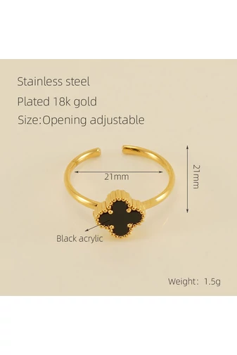 Inel Reglabil Din Oțel Inoxidabil Placat Cu Aur 18K Model Trifoi Elegant Negru