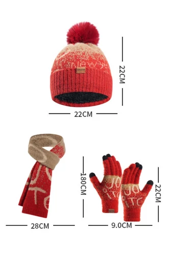 Set Căciulă, Fular, Mănuși Roșu Cu Model Din Material Sintetic Și Ambalaj Cadou