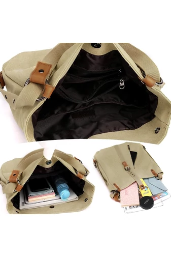 Geantă de umăr 2în1 și rucsac de damă khaki, multifuncțională, din pânză, dimensiuni 35*30*10cm