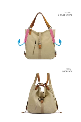Geantă de umăr 2în1 și rucsac de damă khaki, multifuncțională, din pânză, dimensiuni 35*30*10cm