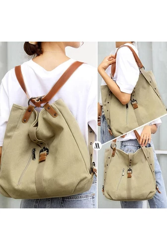 Geantă de umăr 2în1 și rucsac de damă khaki, multifuncțională, din pânză, dimensiuni 35*30*10cm