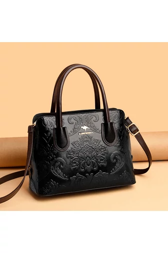 Geantă De Mana Si De Umar Din PU Model Floral Reliefat Negru 31*14*22cm