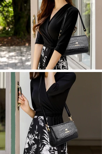 Geantă Cossbody Elegantă Din PU Cu Textură Crocodil Neagră 23*7*15cm