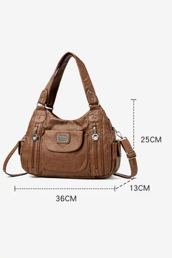 Geantă Umăr Elegantă Din PU Maro Cu Compartimente Multiple Și Curea Reglabilă 36*12*25cm