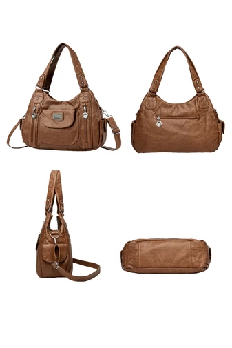 Geantă Umăr Elegantă Din PU Maro Cu Compartimente Multiple Și Curea Reglabilă 36*12*25cm