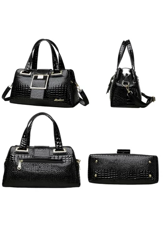 Geantă Elegantă Neagră De Mâna Și Umăr Din PU Cu Model Crocodil Și Barete Duble 33*13*18cm