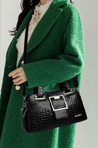 Geantă Elegantă Neagră De Mâna Și Umăr Din PU Cu Model Crocodil Și Barete Duble 33*13*18cm