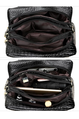 Geantă Elegantă Neagră De Mâna Și Umăr Din PU Cu Model Crocodil Și Barete Duble 33*13*18cm