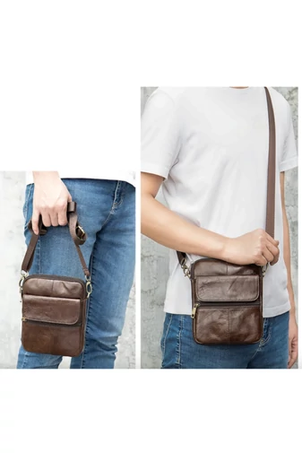 Geantă Bărbați Crossbody Din Piele Naturală Cu Bretea Reglabilă Neagră 11*15*2.5 Cm