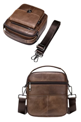 Geantă Bărbați Crossbody Maro Închis Din Piele Naturală Și Compartimente Multiple 17*5*18cm