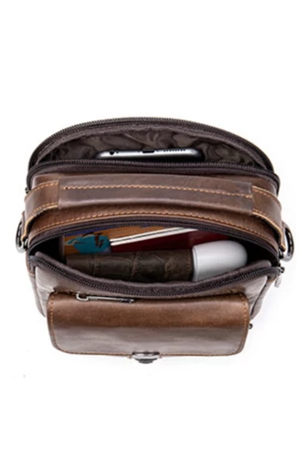 Geantă Bărbați Crossbody Maro Închis Din Piele Naturală Și Compartimente Multiple 17*5*18cm