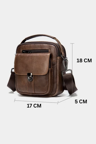 Geantă Bărbați Crossbody Maro Închis Din Piele Naturală Și Compartimente Multiple 17*5*18cm