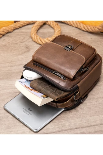 Geantă Bărbați Crossbody Maro Închis Din Piele Naturală Și Compartimente Multiple 17*5*18cm
