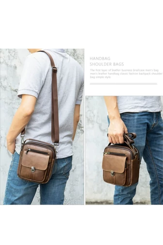 Geantă Bărbați Crossbody Maro Închis Din Piele Naturală Și Compartimente Multiple 17*5*18cm