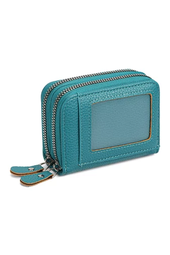 Portofel Damă Slim Din PU Cu Fermoar Dublu Verde Turcoaz Protecție RFID 10*4*8cm