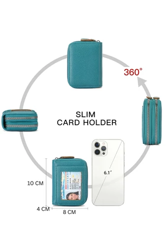 Portofel Damă Slim Din PU Cu Fermoar Dublu Verde Turcoaz Protecție RFID 10*4*8cm
