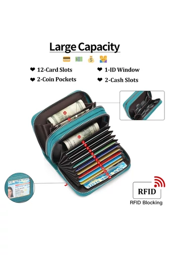 Portofel Damă Slim Din PU Cu Fermoar Dublu Verde Turcoaz Protecție RFID 10*4*8cm