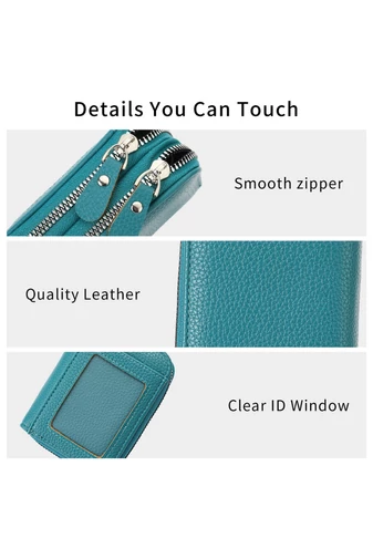 Portofel Damă Slim Din PU Cu Fermoar Dublu Verde Turcoaz Protecție RFID 10*4*8cm