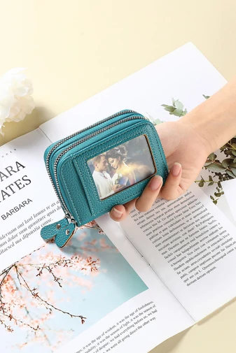 Portofel Damă Slim Din PU Cu Fermoar Dublu Verde Turcoaz Protecție RFID 10*4*8cm