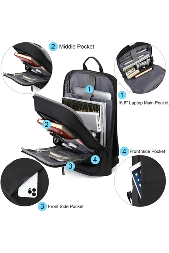 Rucsac Business Slim Negru Din Material Oxford, Rezistent La Apă, Cu Port USB Și Compartiment Laptop 15.6", 27x6x43cm