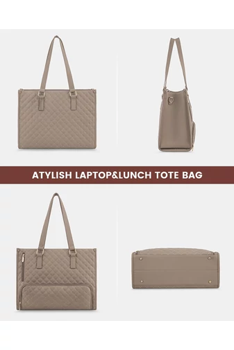 Geantă Tote Kaki Matlasată pentru Femei cu Compartiment Laptop 15.6”, Compartiment Termo pentru Prânz și Portofel, Business/Office/College/Casual (43x16x32cm)