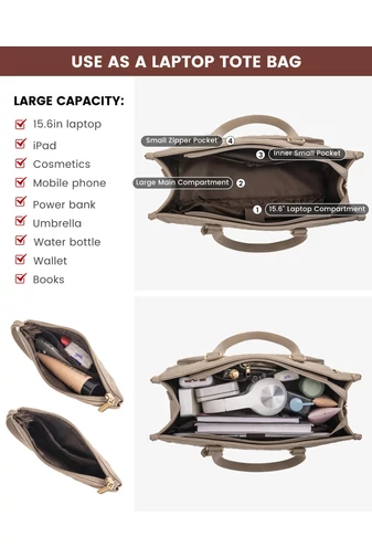 Geantă Tote Kaki Matlasată pentru Femei cu Compartiment Laptop 15.6”, Compartiment Termo pentru Prânz și Portofel, Business/Office/College/Casual (43x16x32cm)