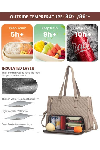 Geantă Tote Kaki Matlasată pentru Femei cu Compartiment Laptop 15.6”, Compartiment Termo pentru Prânz și Portofel, Business/Office/College/Casual (43x16x32cm)