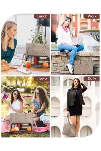 Geantă Tote Kaki Matlasată pentru Femei cu Compartiment Laptop 15.6”, Compartiment Termo pentru Prânz și Portofel, Business/Office/College/Casual (43x16x32cm)