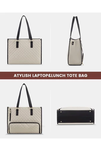Geantă Tote Alb Matlasată pentru Femei cu Compartiment Laptop 15.6”, Compartiment Termo pentru Prânz și Portofel, Business/Office/College/Casual (43x16x32cm)